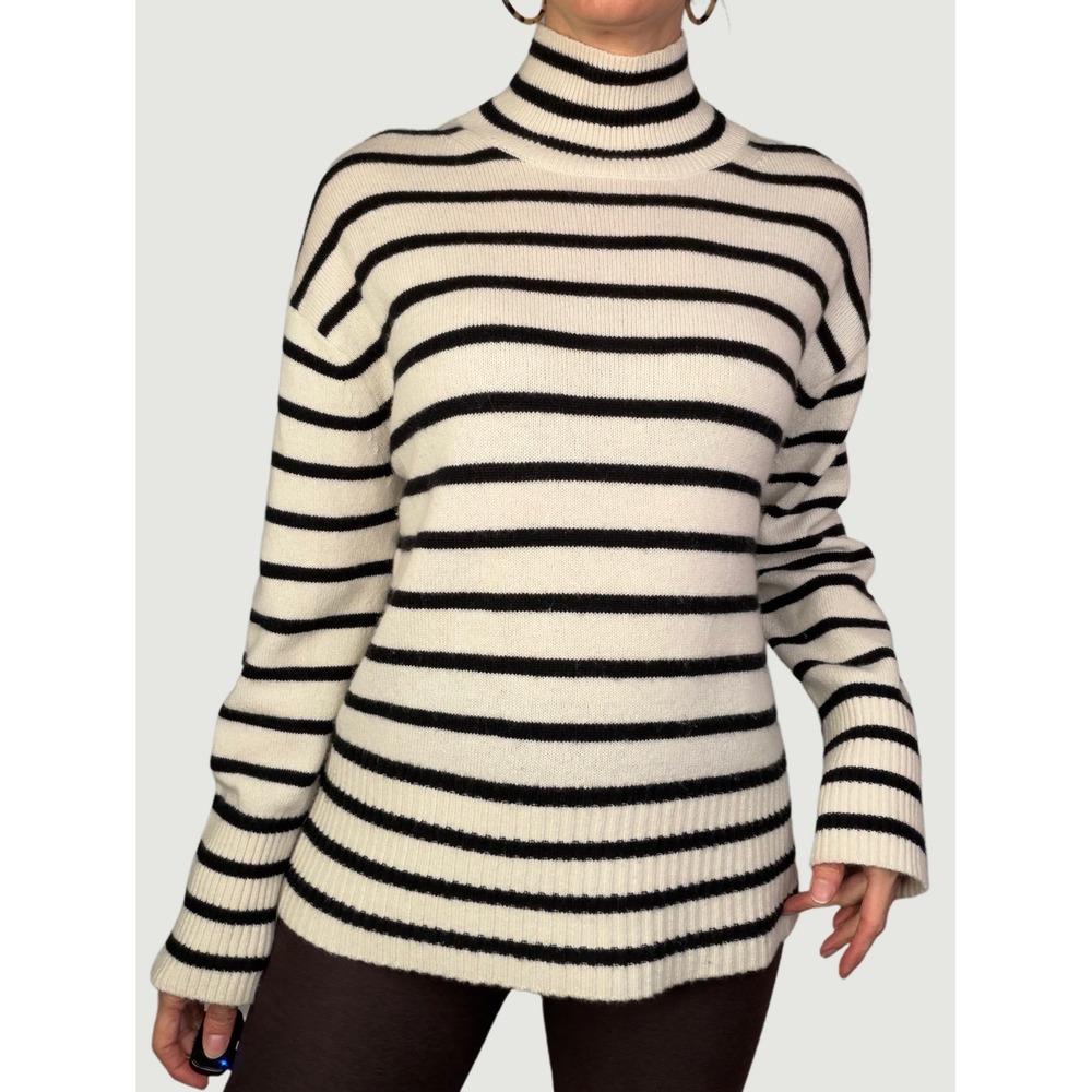 Everlane 100% Cashmere Striped Mock Neck Sweater Black White Boxy Turtleneck S